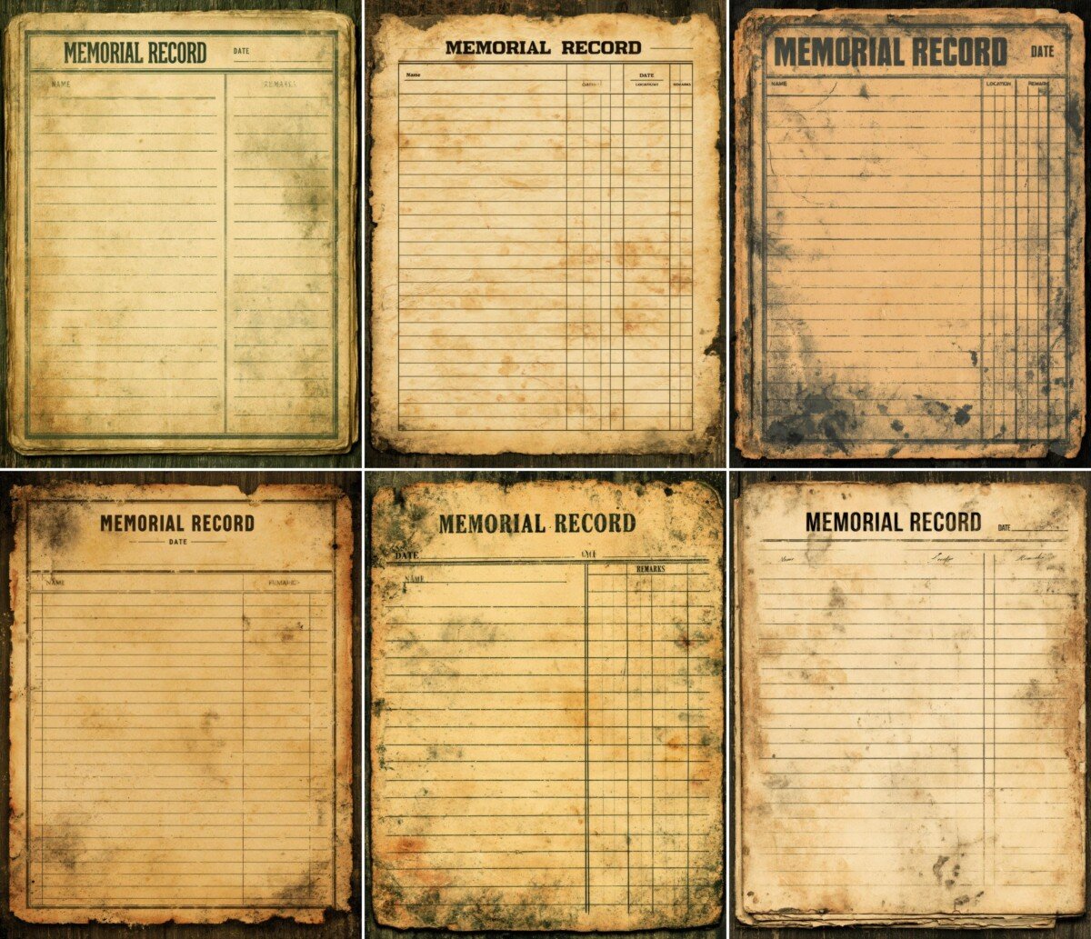 Vintage memorial record junk journal pages with ruled lines and aged borders