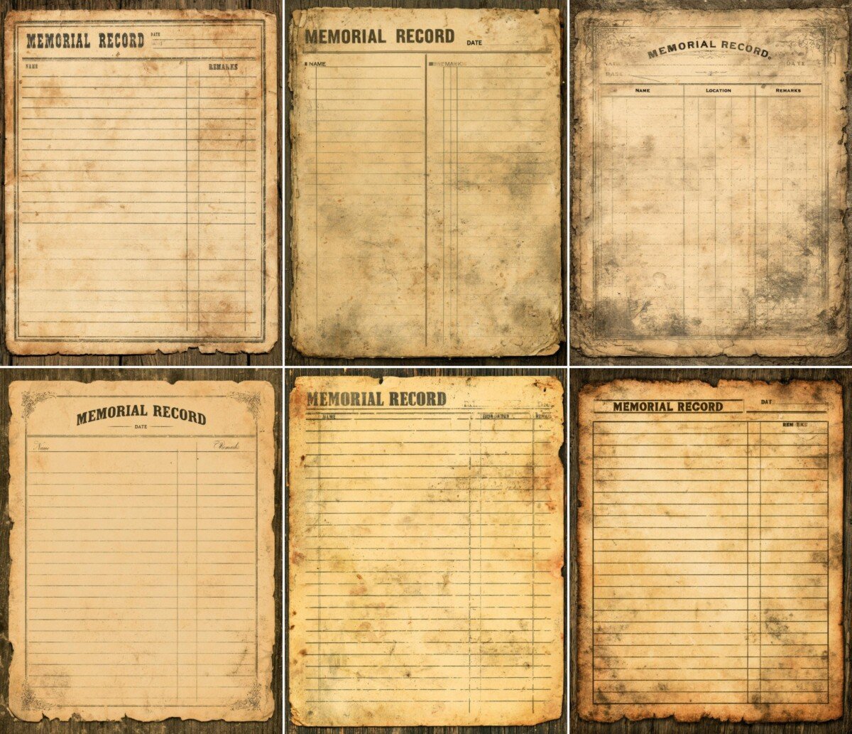 Aged memorial record paper with lined writing areas and simple columns