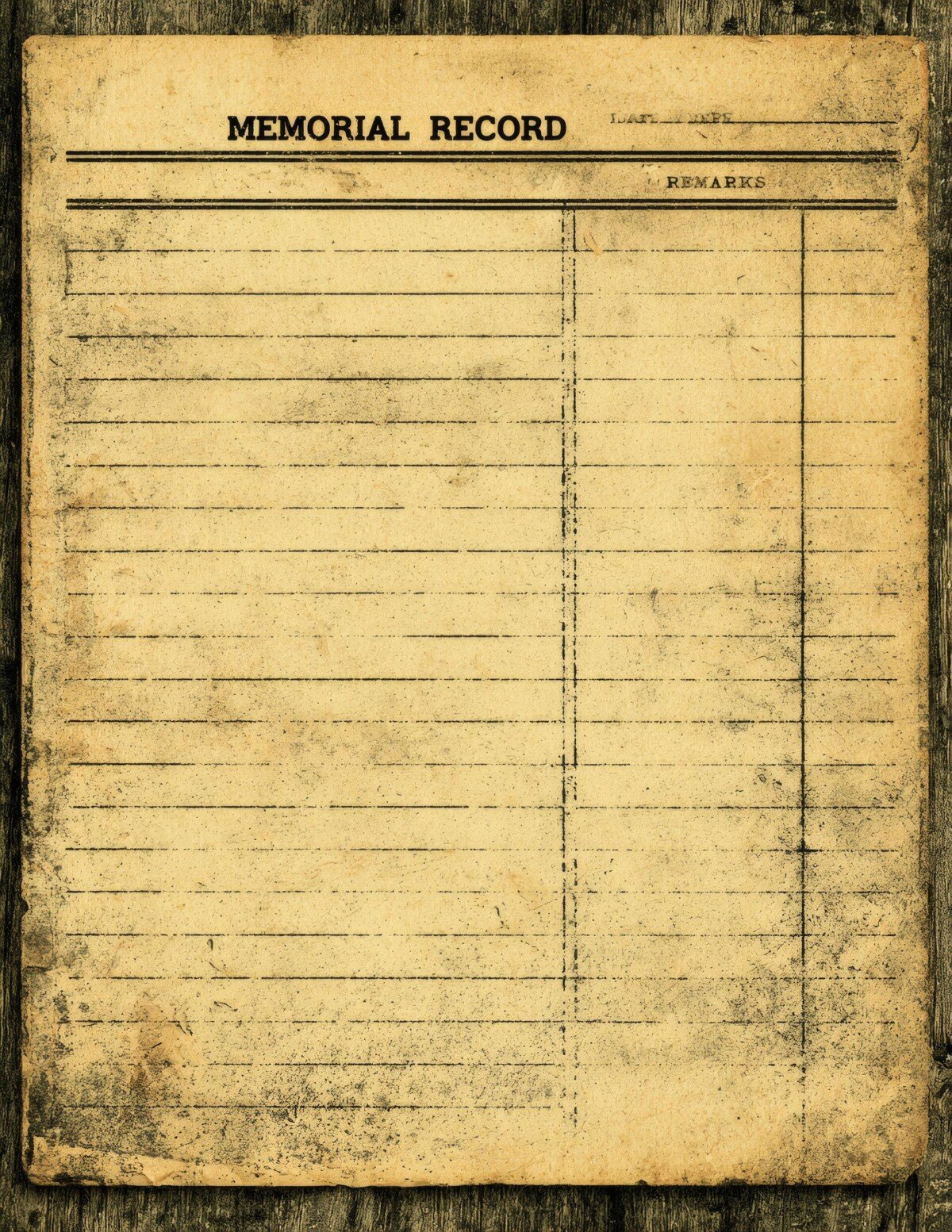 Aged memorial record paper with lined writing areas and simple columns