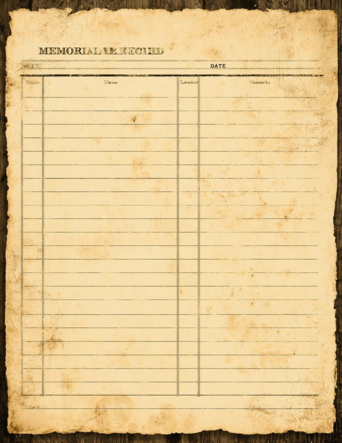 Aged memorial record paper with lined writing areas and simple columns