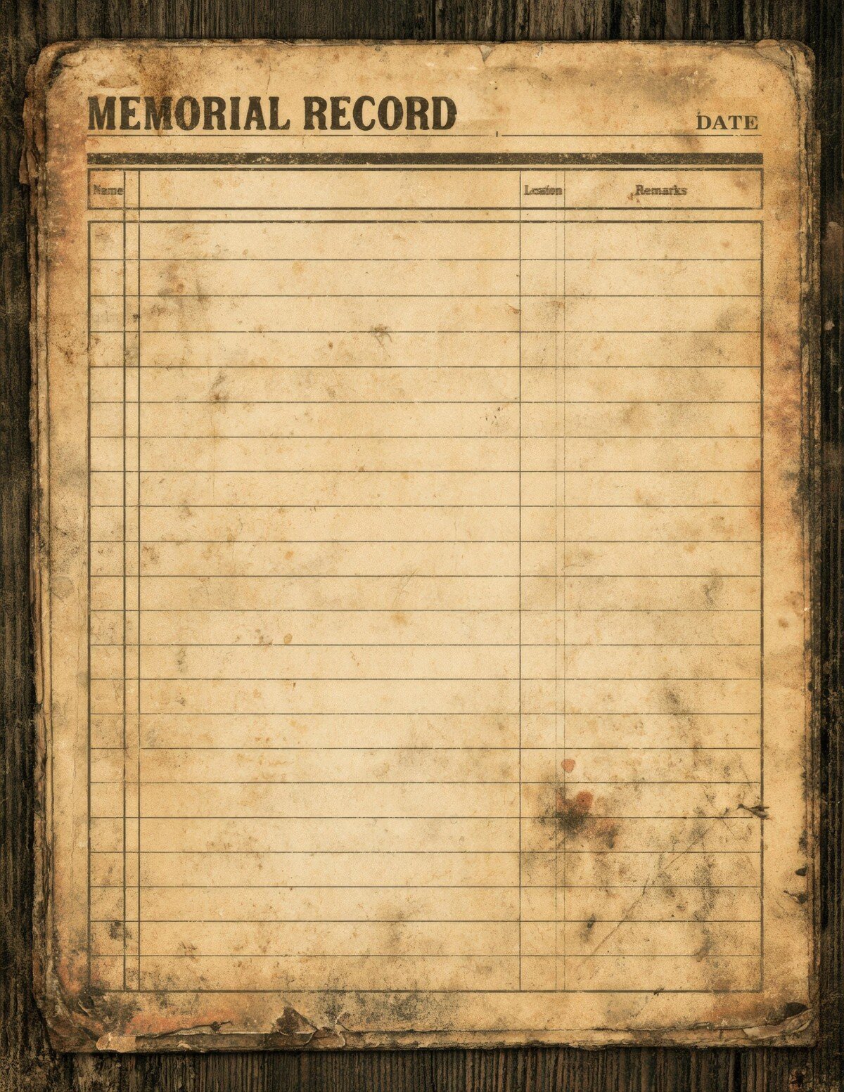 Aged memorial record paper with lined writing areas and simple columns