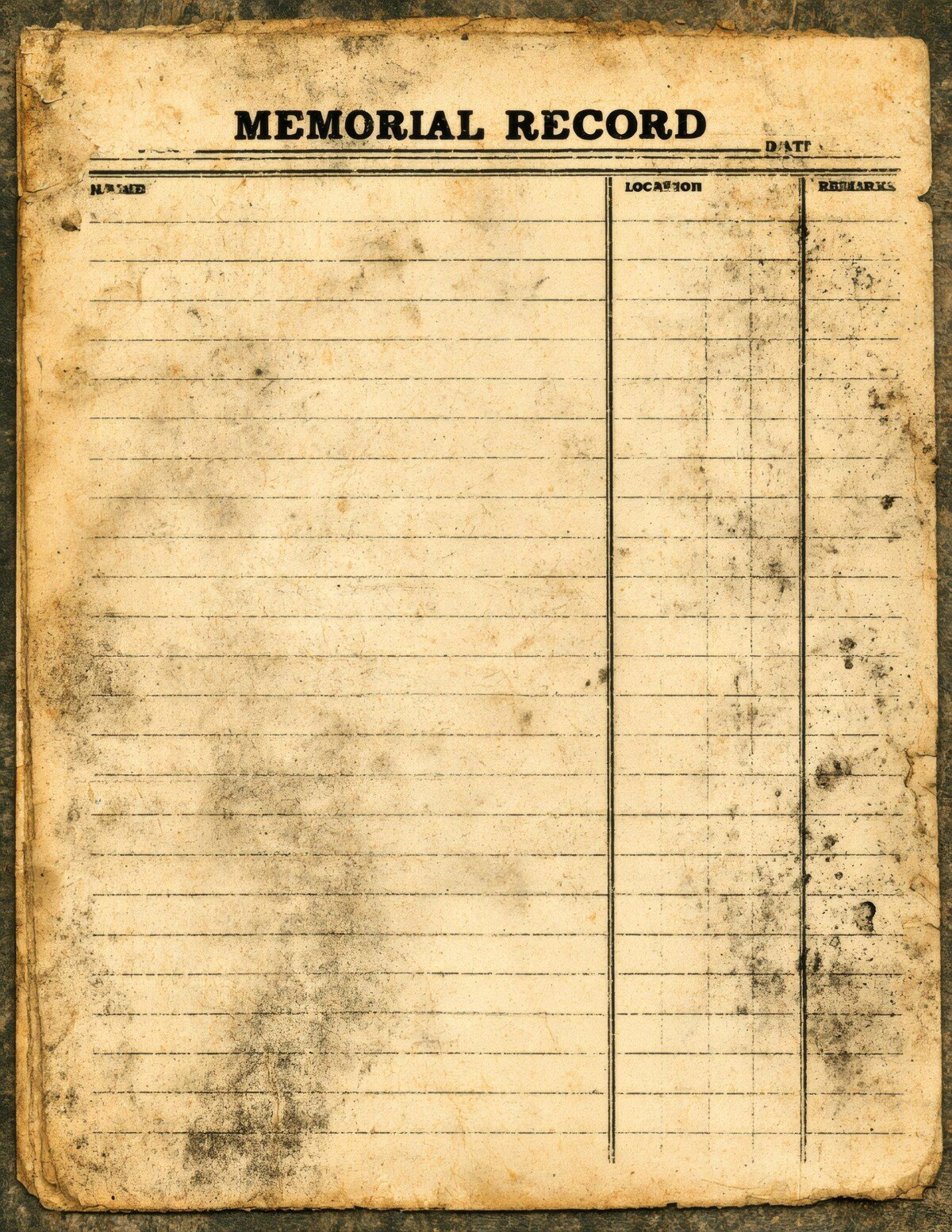 Aged memorial record paper with lined writing areas and simple columns