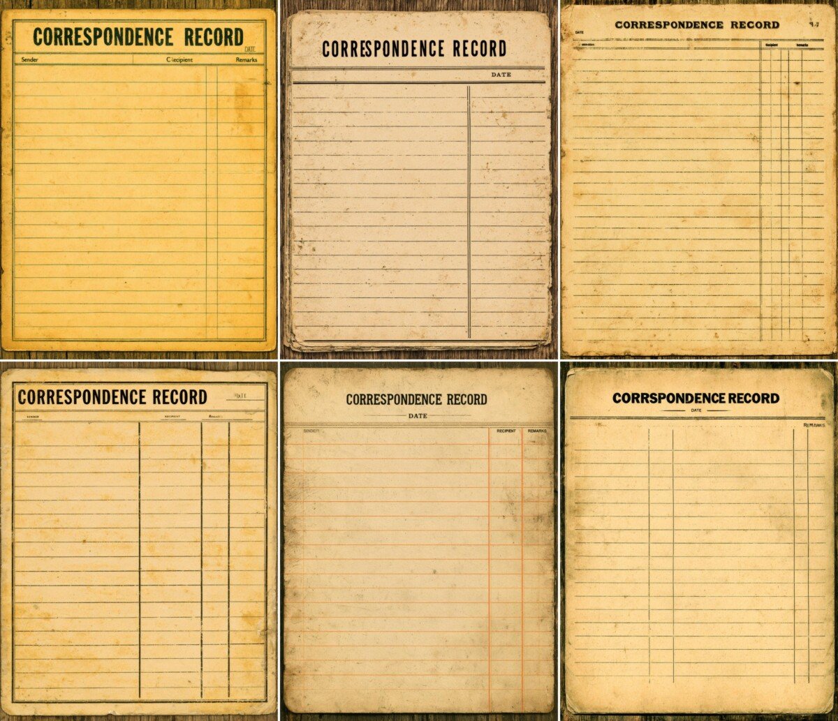 Vintage correspondence junk journal pages with record headings and ruled columns