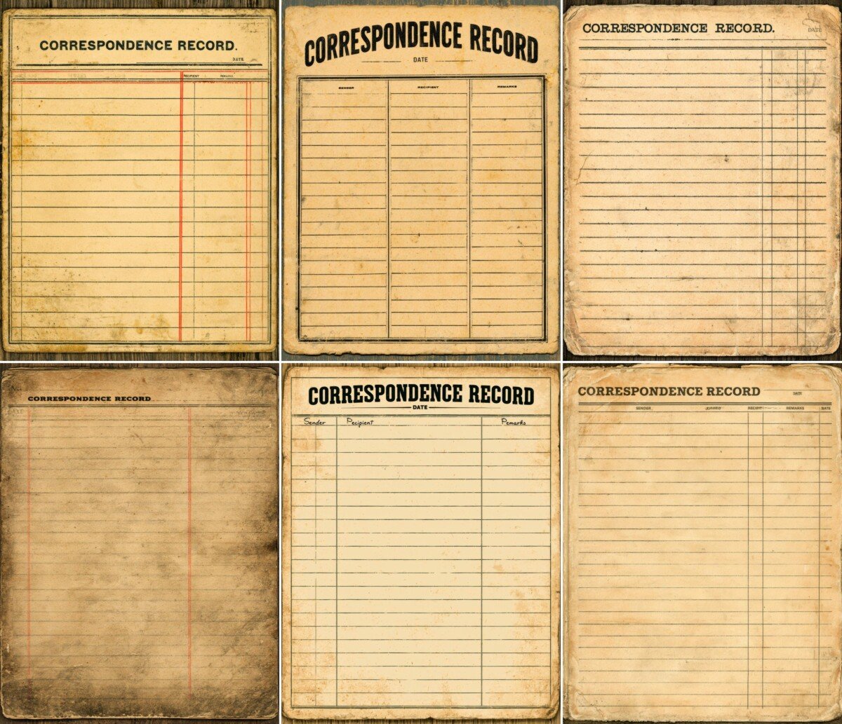 Aged correspondence record card with lined writing areas and columns