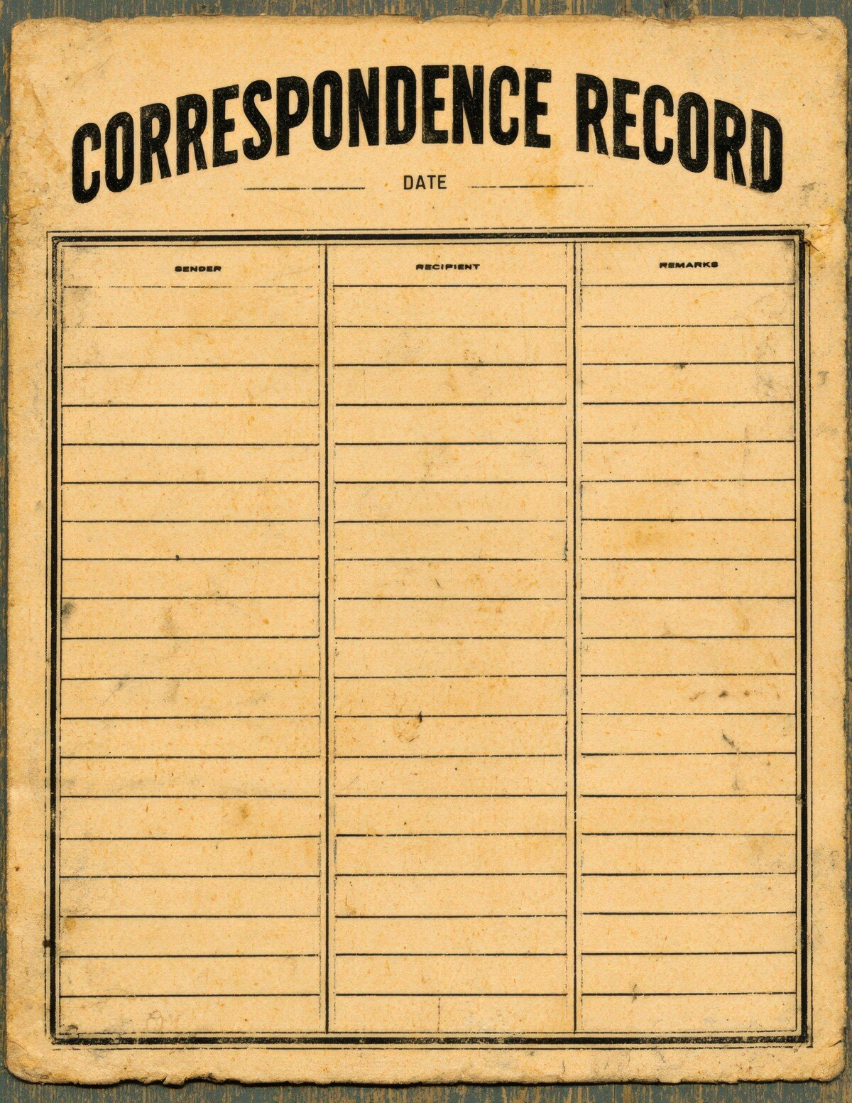 Aged correspondence record card with lined writing areas and columns