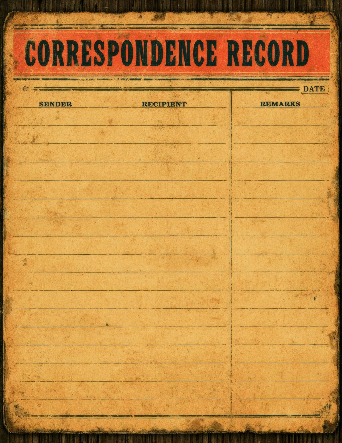 Aged correspondence record card with lined writing areas and columns