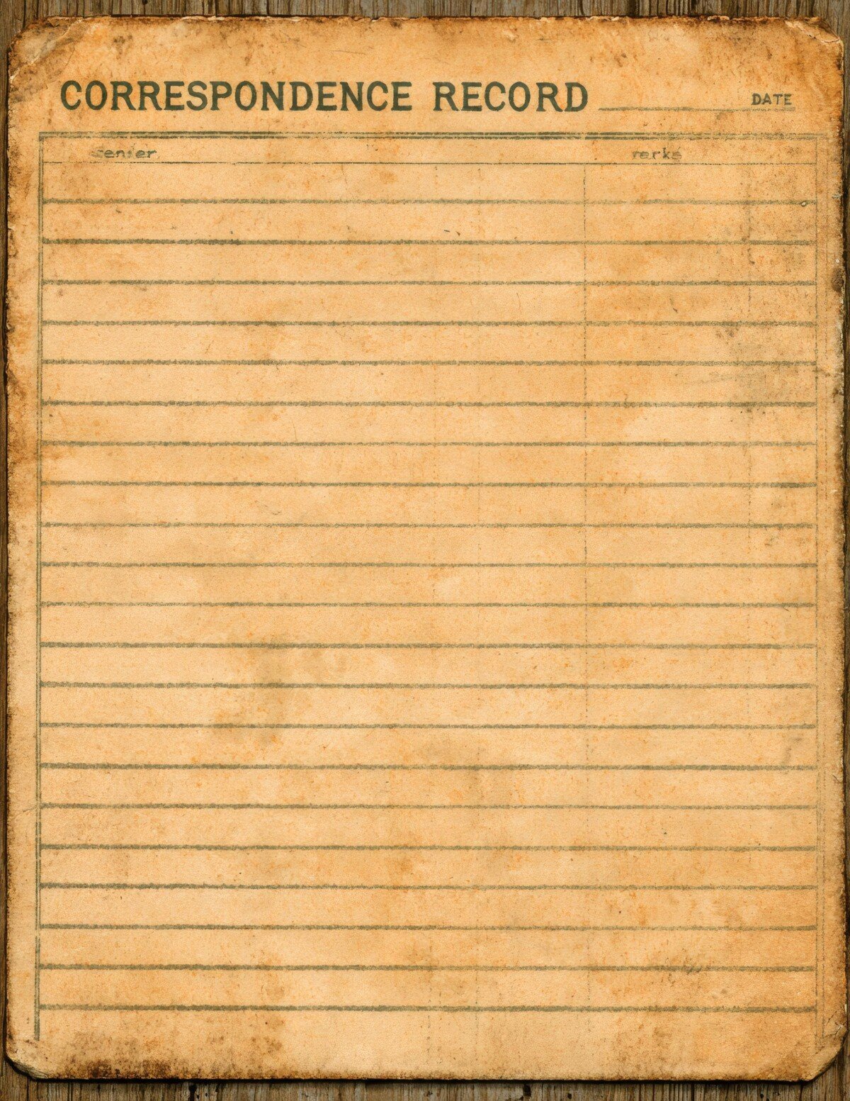 Aged correspondence record card with lined writing areas and columns