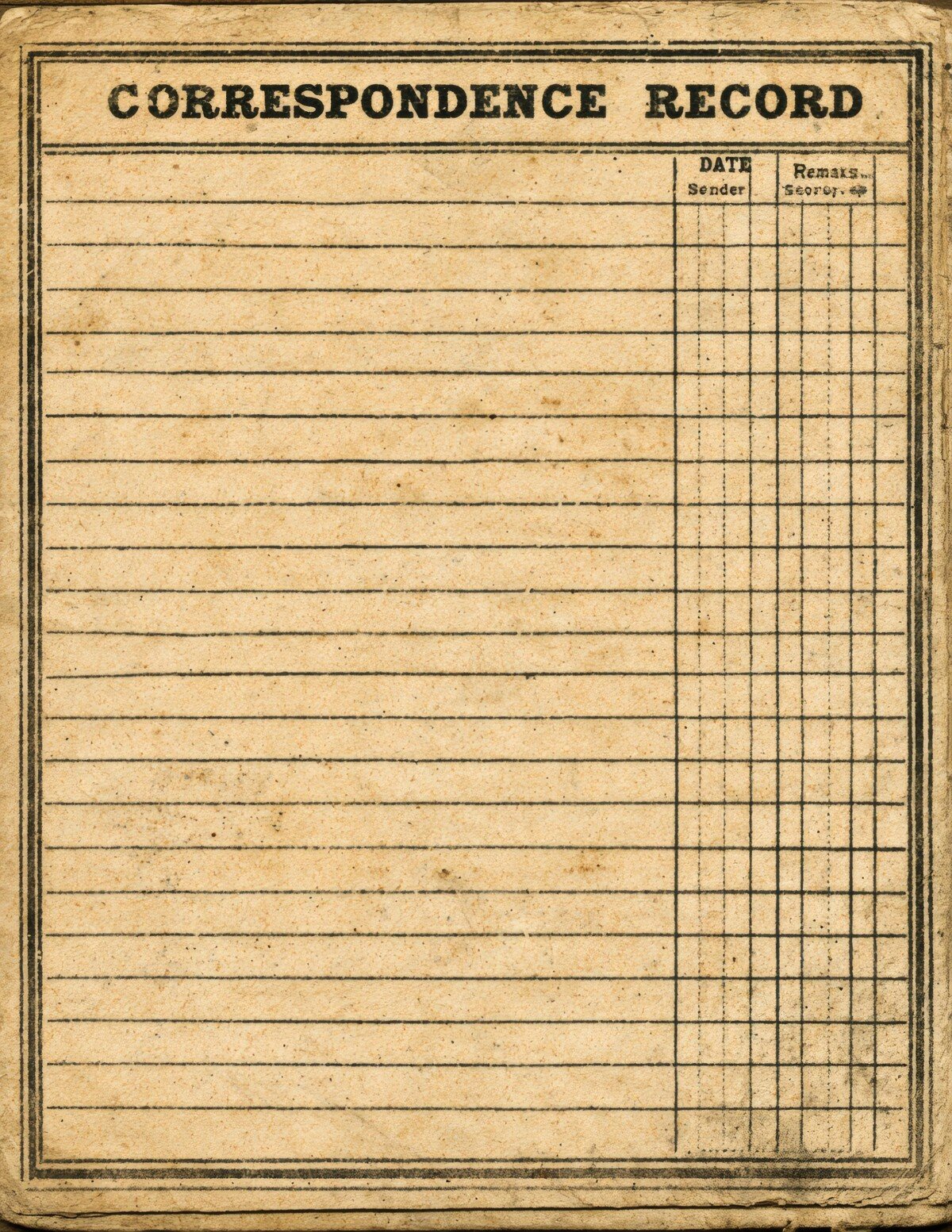 Aged correspondence record card with lined writing areas and columns