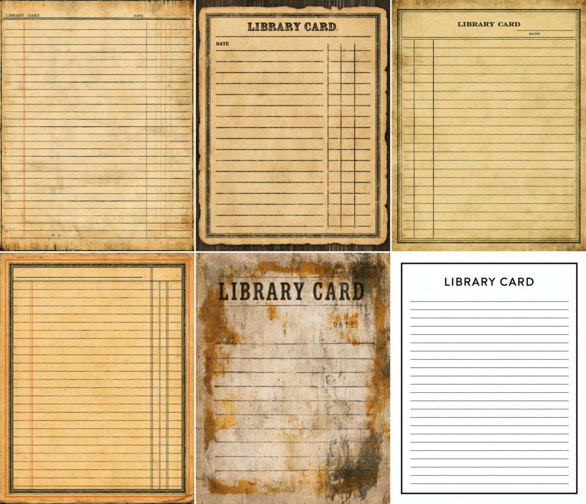Vintage-style library card designs with ruled lines and distressed paper backgrounds