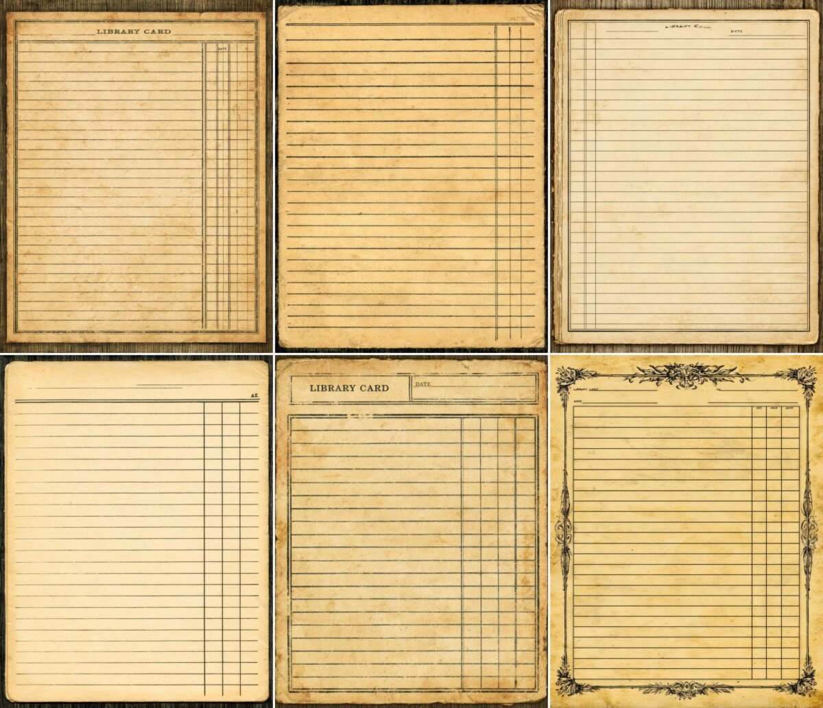 Lined library-card artwork with aged borders and vintage book-record styling