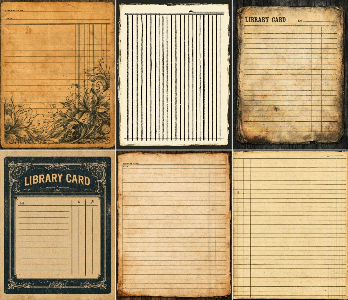 Lined library-card artwork with aged borders and vintage book-record styling