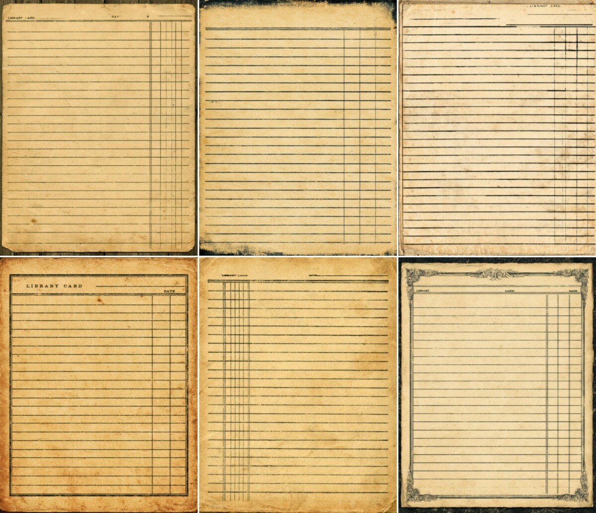Lined library-card artwork with aged borders and vintage book-record styling