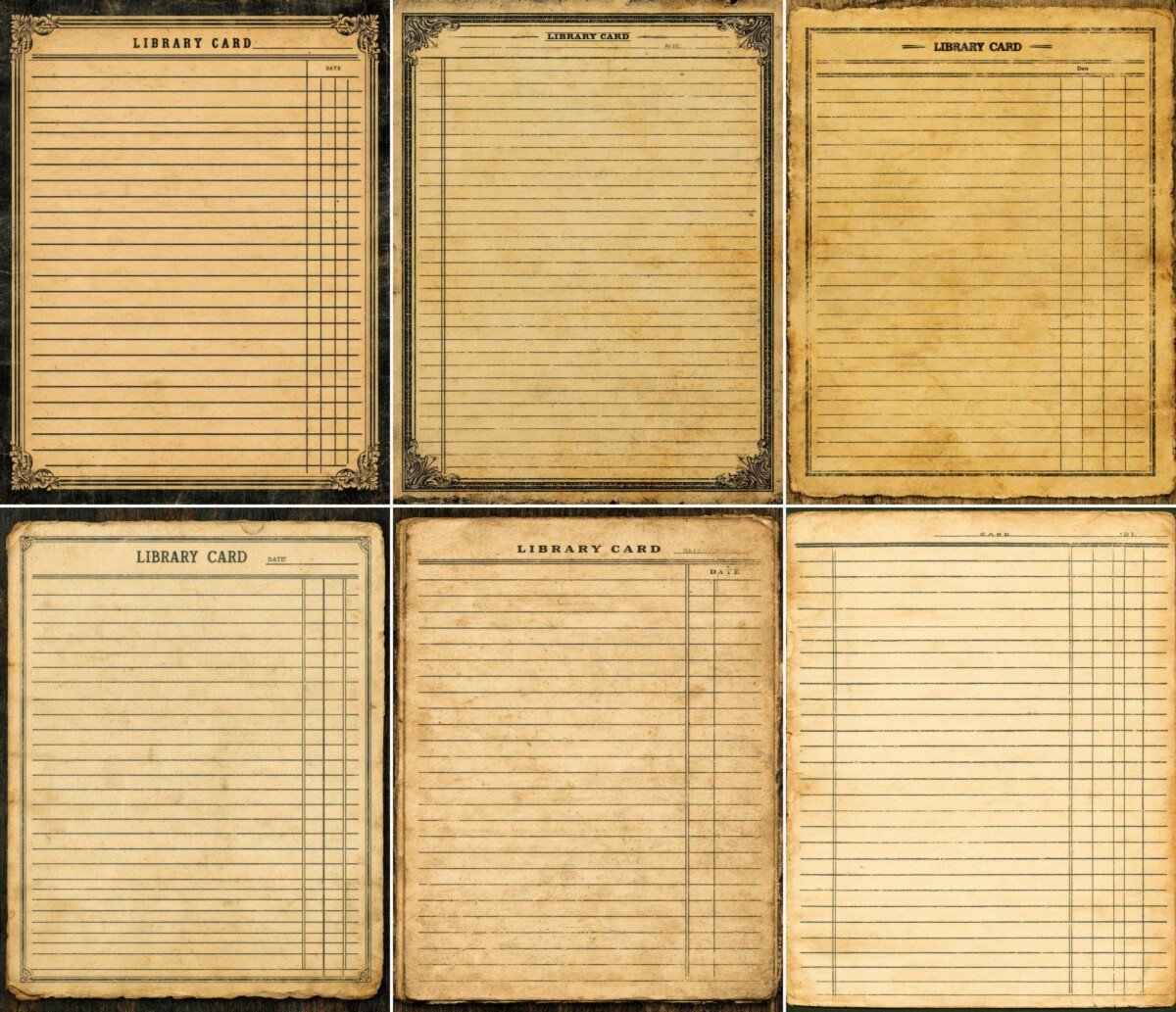 Lined library-card artwork with aged borders and vintage book-record styling