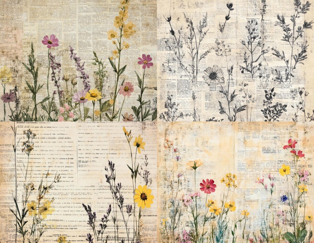 vintage – Vintage Newspaper Journal Papers, Wildflower Collage Backgrounds, Distressed Writing Pages, Junk Journal Supplies, Digital Download
