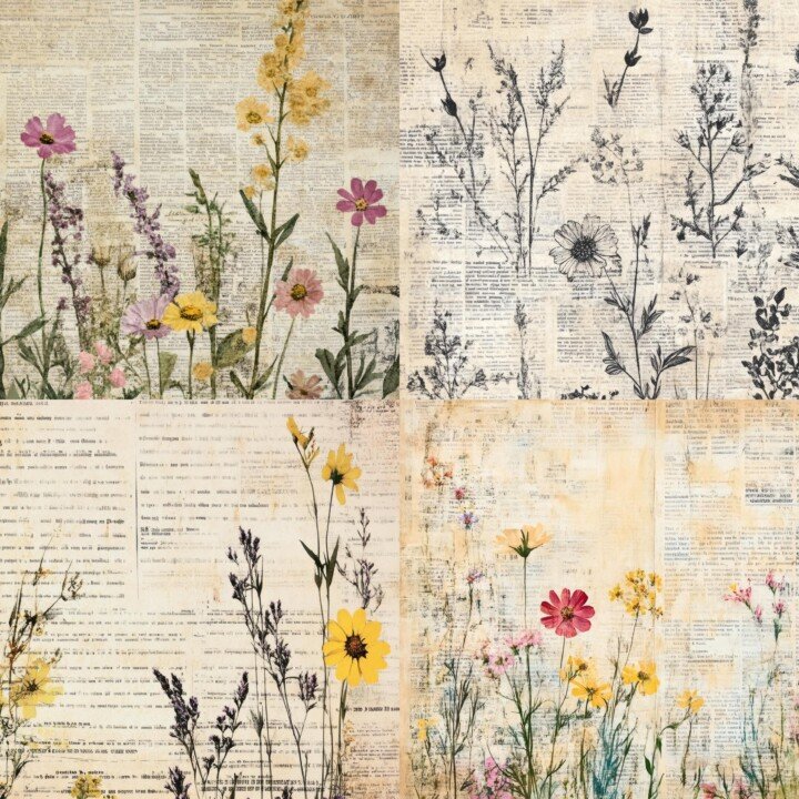 vintage – Vintage Newspaper Journal Papers, Wildflower Collage Backgrounds, Distressed Writing Pages, Junk Journal Supplies, Digital Download