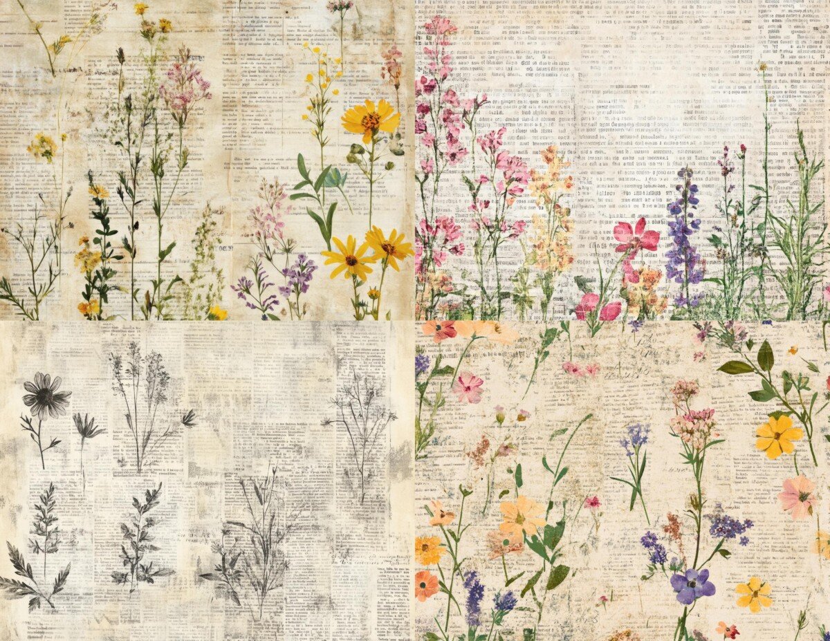 Vintage Newspaper Wildflower Journal Papers – 20 Collage Backgrounds - Image 4