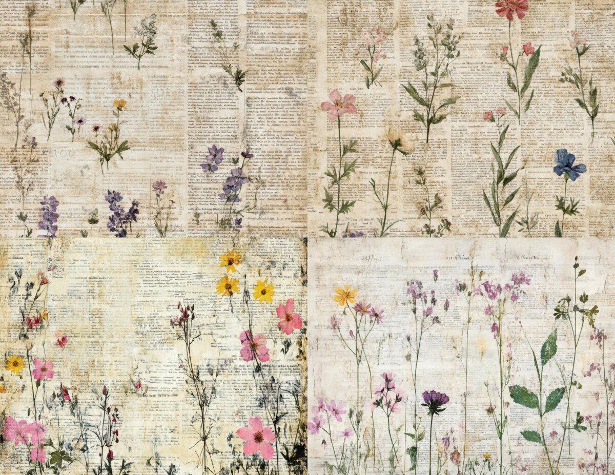 Vintage Newspaper Wildflower Journal Papers – 20 Collage Backgrounds - Image 5