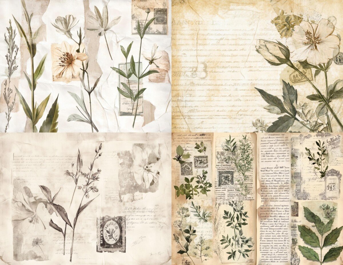 vintage – Vintage Botanical Journal Pages, Antique Floral Collage Papers, Shabby Chic Scrapbook Backgrounds, Junk Journal Supplies, Digital Download