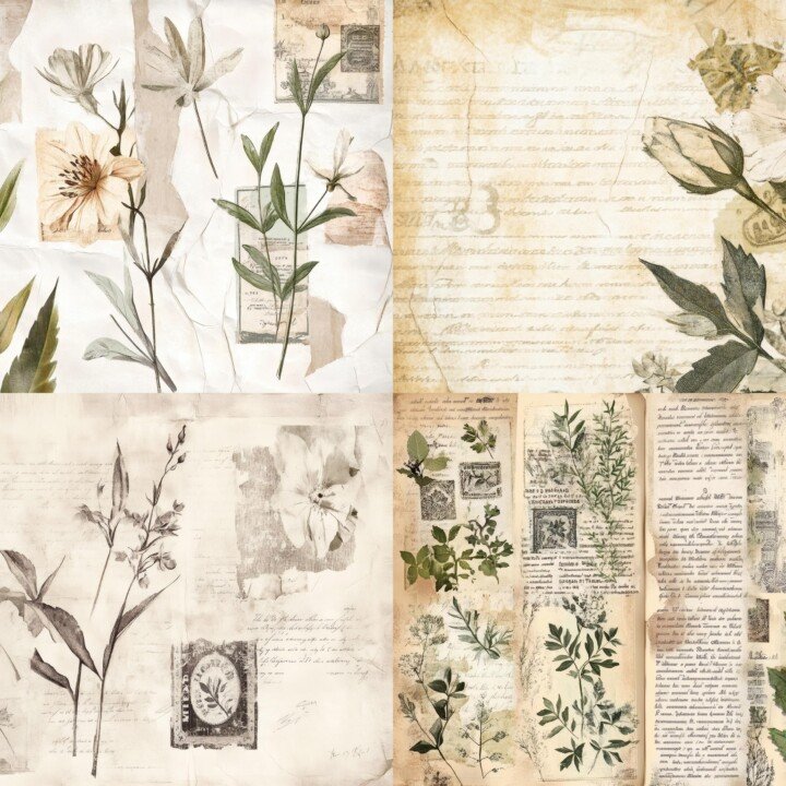 vintage – Vintage Botanical Journal Pages, Antique Floral Collage Papers, Shabby Chic Scrapbook Backgrounds, Junk Journal Supplies, Digital Download