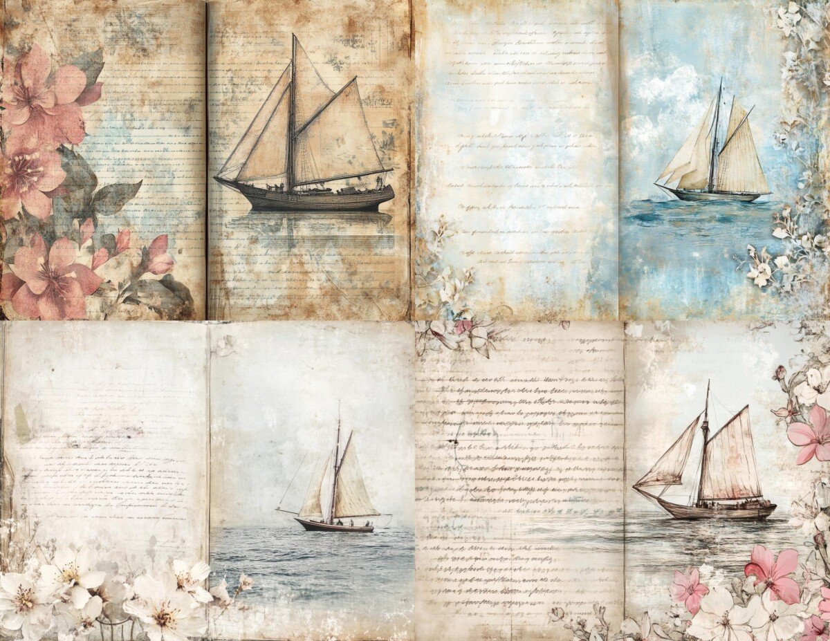 nautical – Nautical Junk Journal Pages, Vintage Sailboat Papers, Coastal Scrapbook Backgrounds, Maritime Printable Craft Supplies, Digital Download