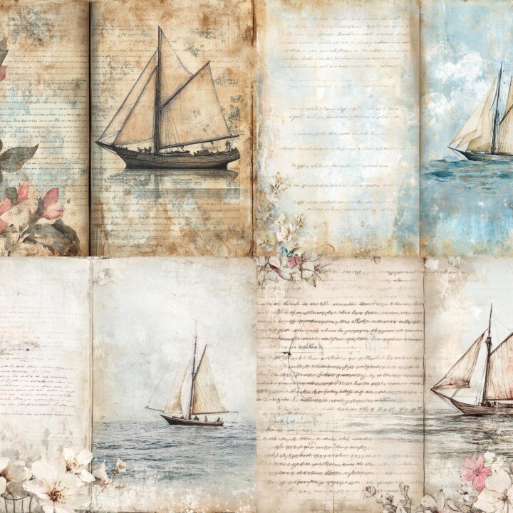 nautical – Nautical Junk Journal Pages, Vintage Sailboat Papers, Coastal Scrapbook Backgrounds, Maritime Printable Craft Supplies, Digital Download