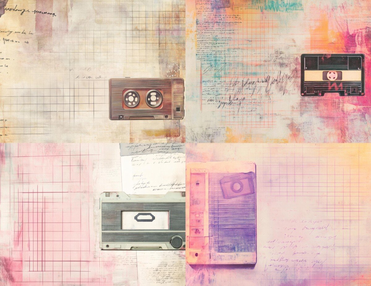 retro – Retro Cassette Journal Pages, Vaporwave Junk Journal Papers, Neon Grid Vintage Collage, Scrapbooking Supplies, Digital Download