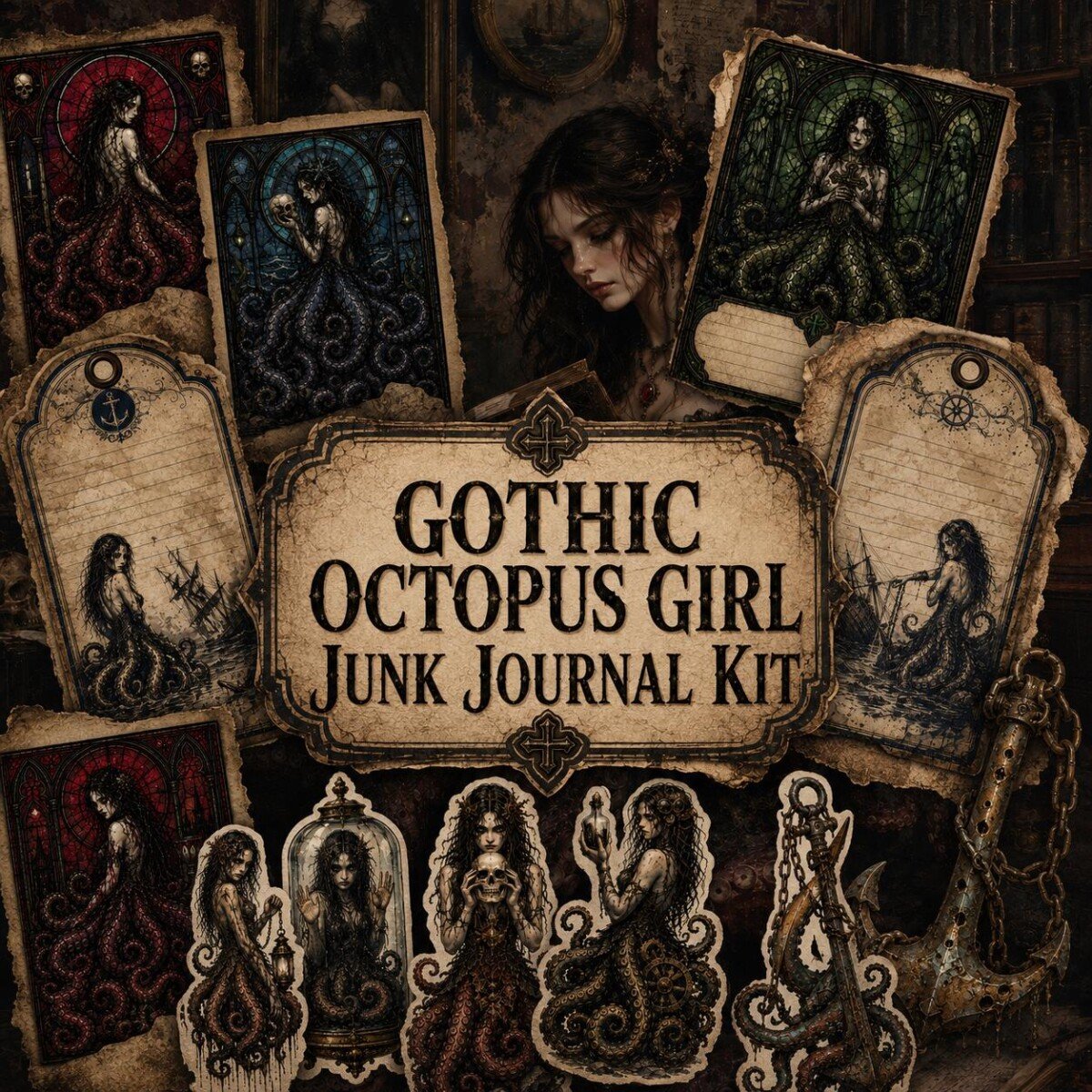 gothic – Gothic Octopus Girl Junk Journal Kit, 125+ Dark Fantasy Ephemera, Printable Tags Labels Cards, Witchy Scrapbook Stickers, Digital Download