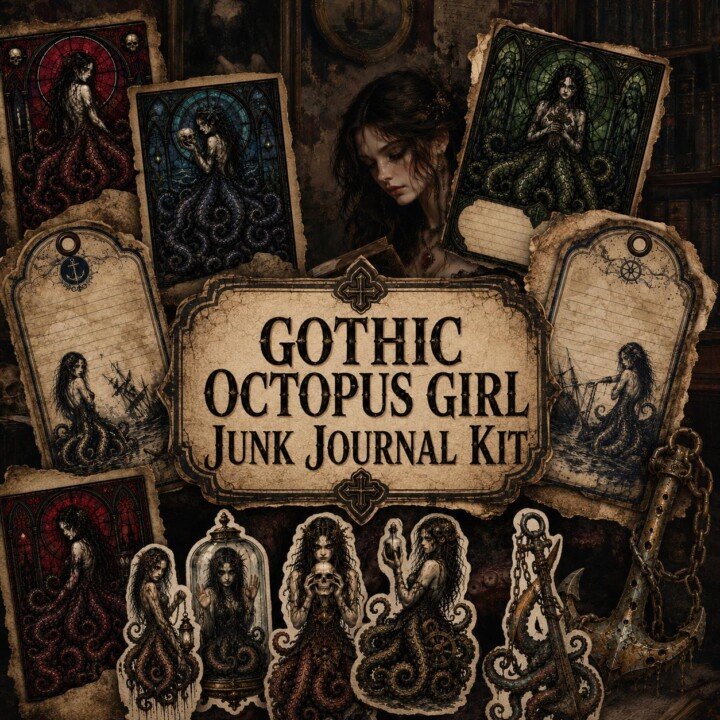 Gothic Octopus Girl Kit – 125+ Dark Fantasy Ephemera Pieces