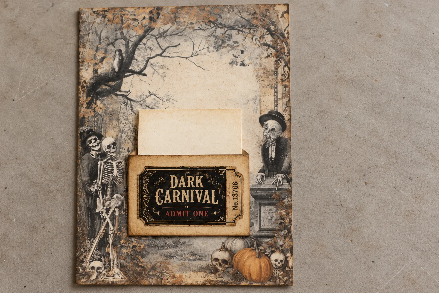 AI-styled concept of a journal page with a dark carnival ticket decorating a paper pocket and a removable note showing above its open top.