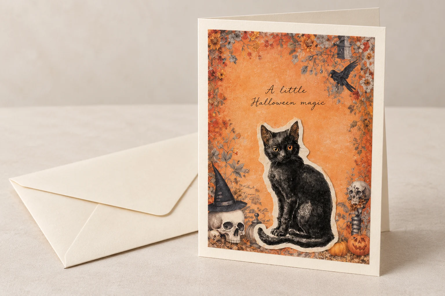 AI-styled concept of a folded ivory Halloween greeting card with an orange background panel and a vintage black-cat cutout beside an envelope.