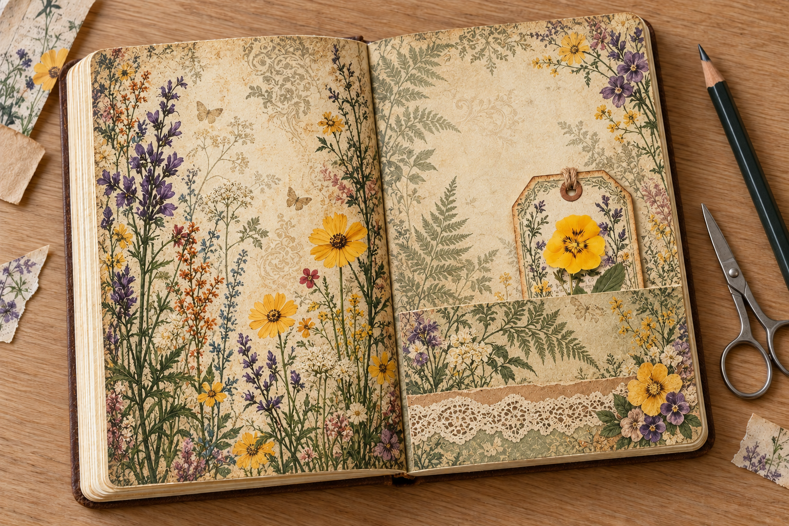 Illustrative mockup of an open botanical junk journal with full-page floral papers, a pocket and tag on a desk.