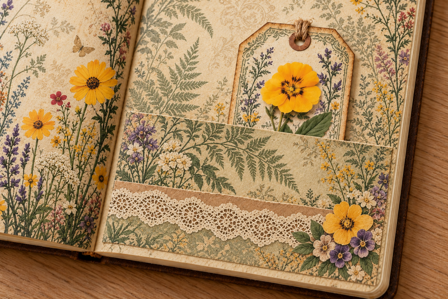 Illustrative mockup close-up of a floral tag tucked into a decorated botanical paper pocket in an open journal.