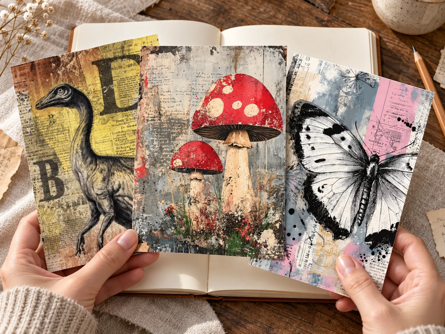 Illustrative printed dinosaur, mushroom and butterfly pages held above a notebook