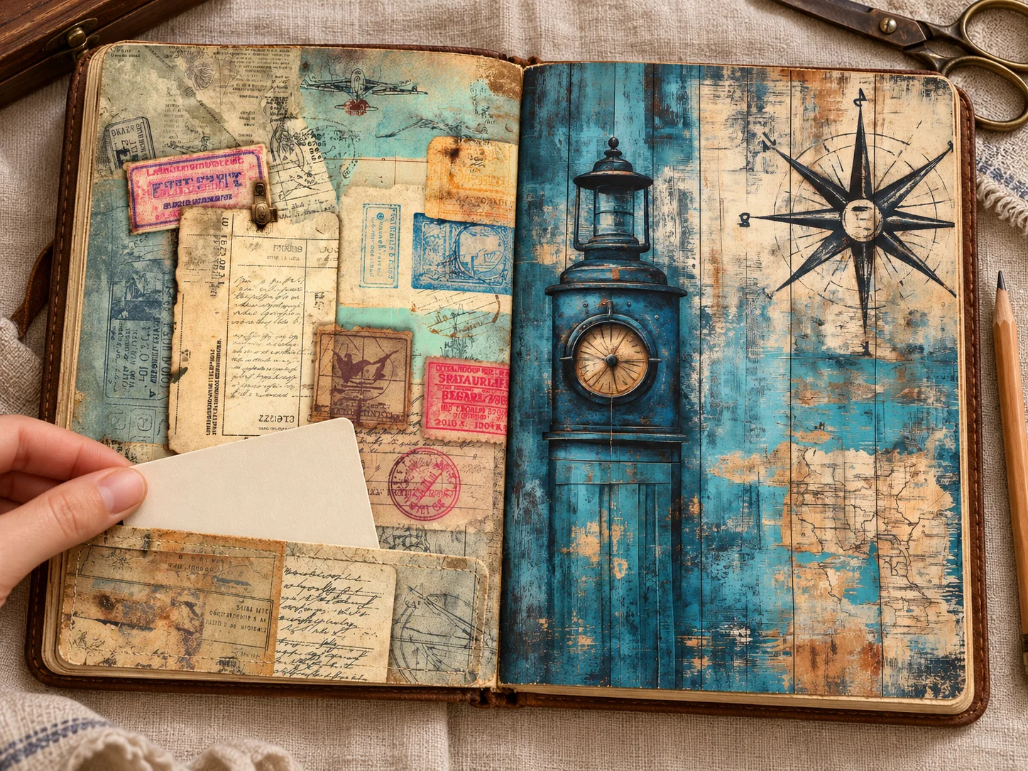 Illustrative travel-ticket pocket and blue ocean-themed journal spread