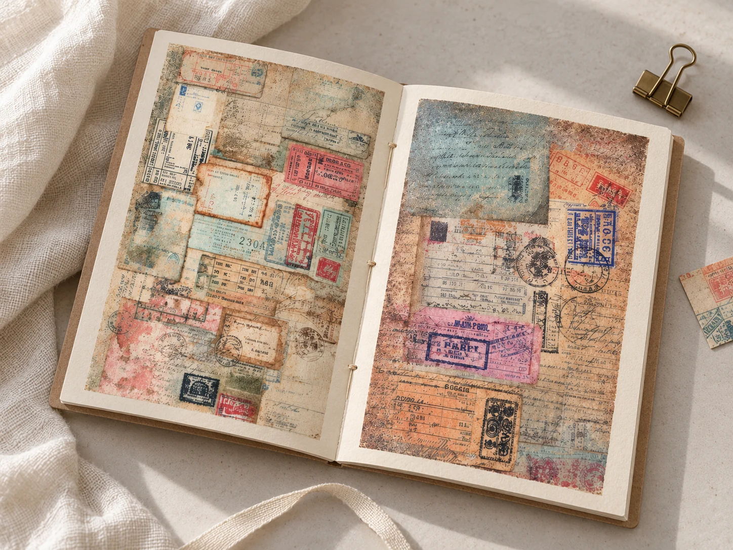 Illustrative open handmade journal with vintage travel-ticket printable pages